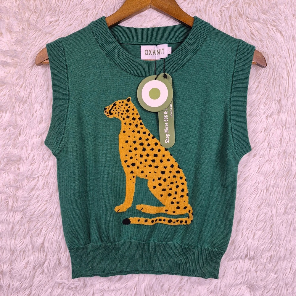 NWT OXKNIT Green Cheetah Graphic Sweater Vest Sleeveless Knit Top Large Retro
